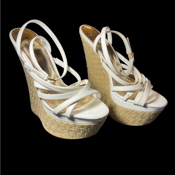 Bebe White & Tan Wedge Sandals - Picture 1 of 5